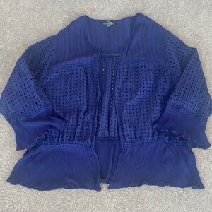 Suzanne Betro Navy Eyelet Cotton Cardigan Ruffle Trim Plus Size 4X Pre Owned